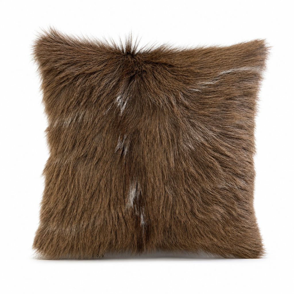 African kudu hide pillow with natural tobacco brown fur and white markings
