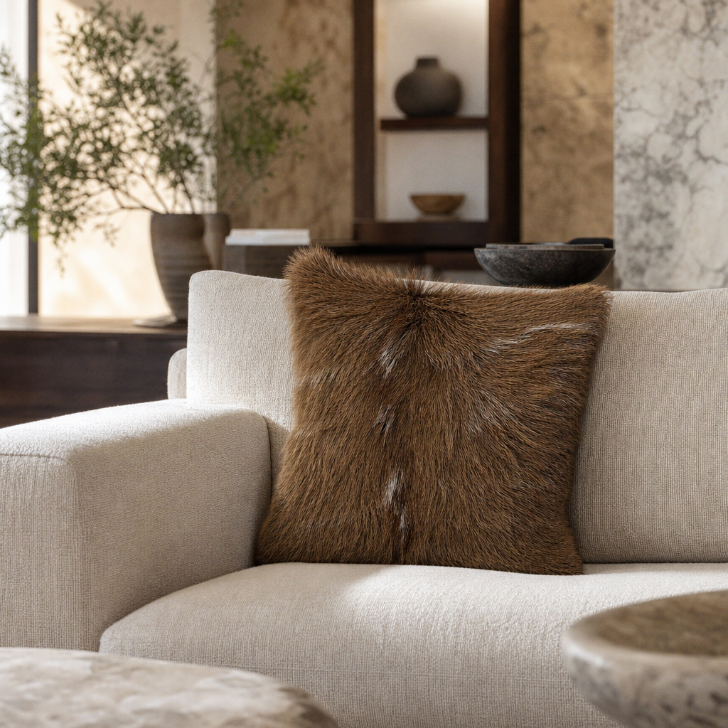 African kudu hide pillow styled on an ivory sofa in a luxury living room