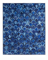 Exact Ocelli 8-foot by 10-foot multitone blue stitched cowhide rug with a layered peacock-inspired pattern