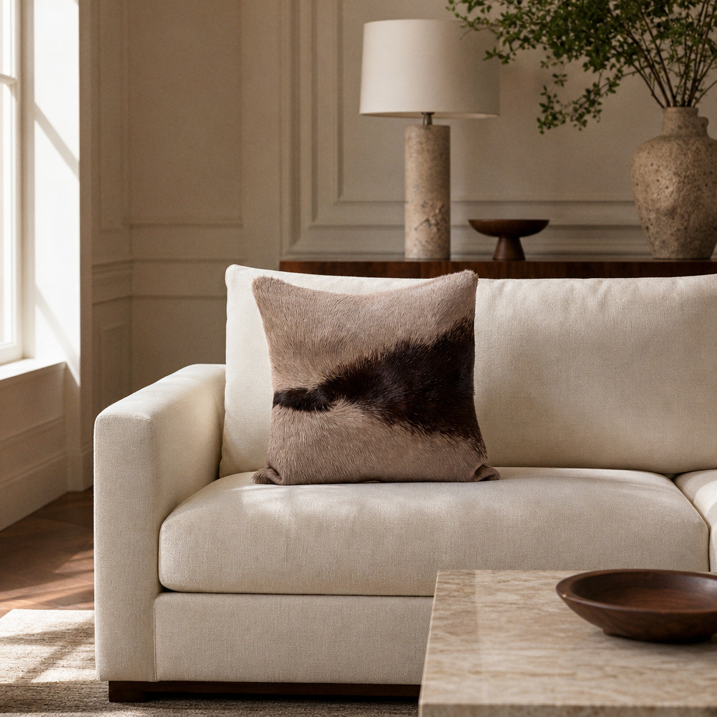 African gemsbok hide pillow styled on an ivory sofa in a luxury interior