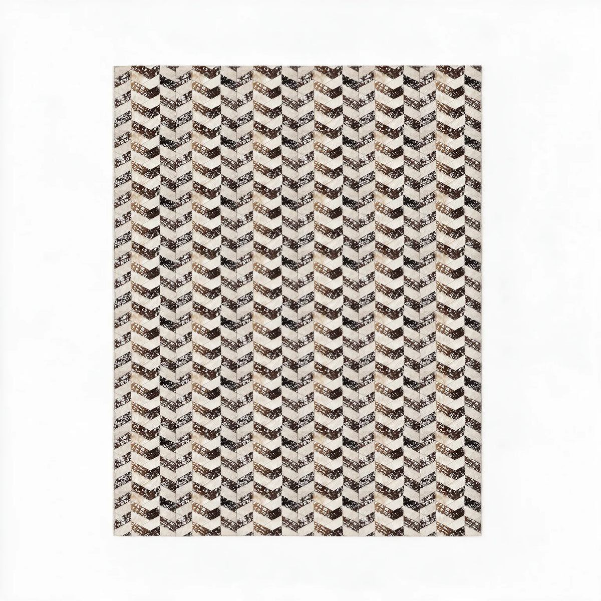 Palermo custom stitched cowhide rug visualization showing an 8-by-10-foot geometric pattern in light beige and stonewashed brown with a narrow border.