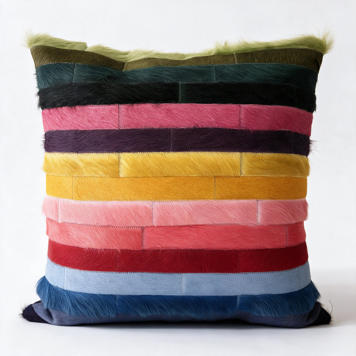 Chromata multicolor stitched cowhide pillow with horizontal dyed hide stripes