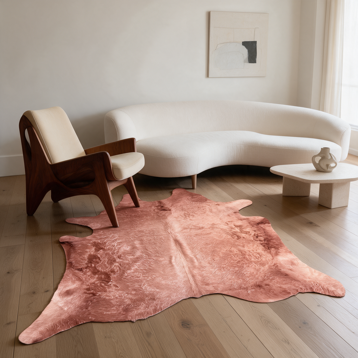 Rose gold cowhide rug styled with a curved ivory sofa, walnut lounge chair, and pale stone coffee table