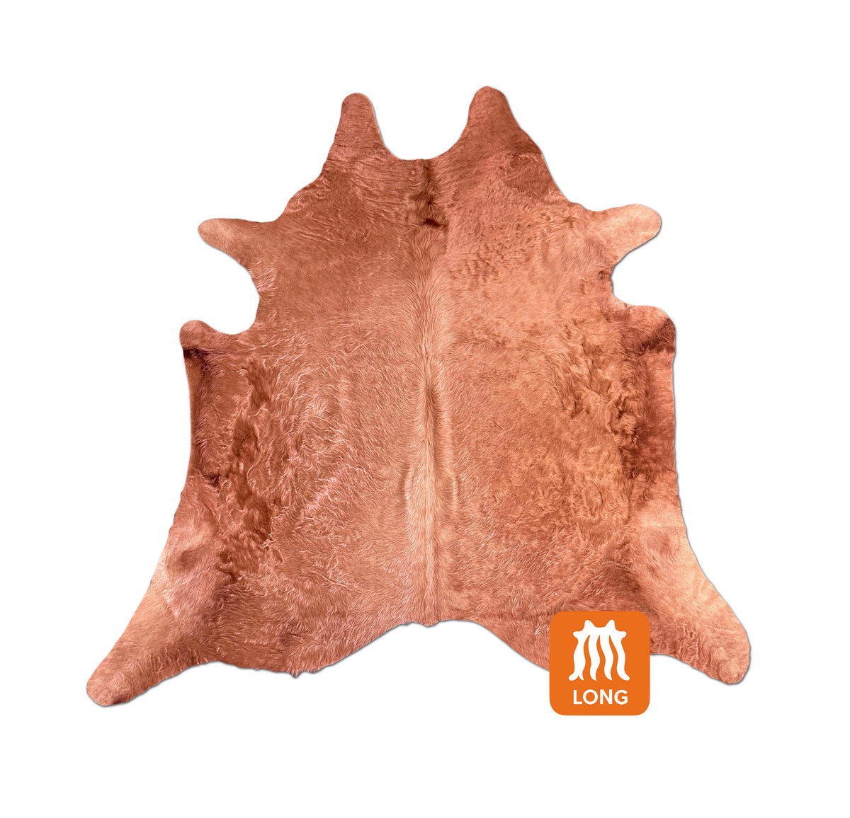 Rose gold dyed cowhide rug shown overhead, with peach-copper tones and a natural irregular outline