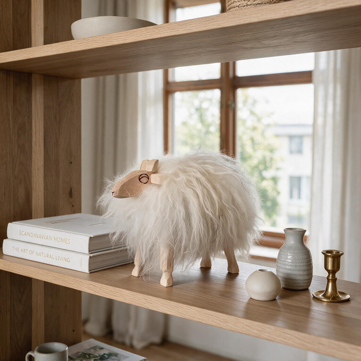 A fluffy white sheep figurine with light wood legs and ears stands on a wooden shelf beside stacked books, a small gray vase, a white orb, and a brass candlestick, with a softly blurred window and curtains in the background.