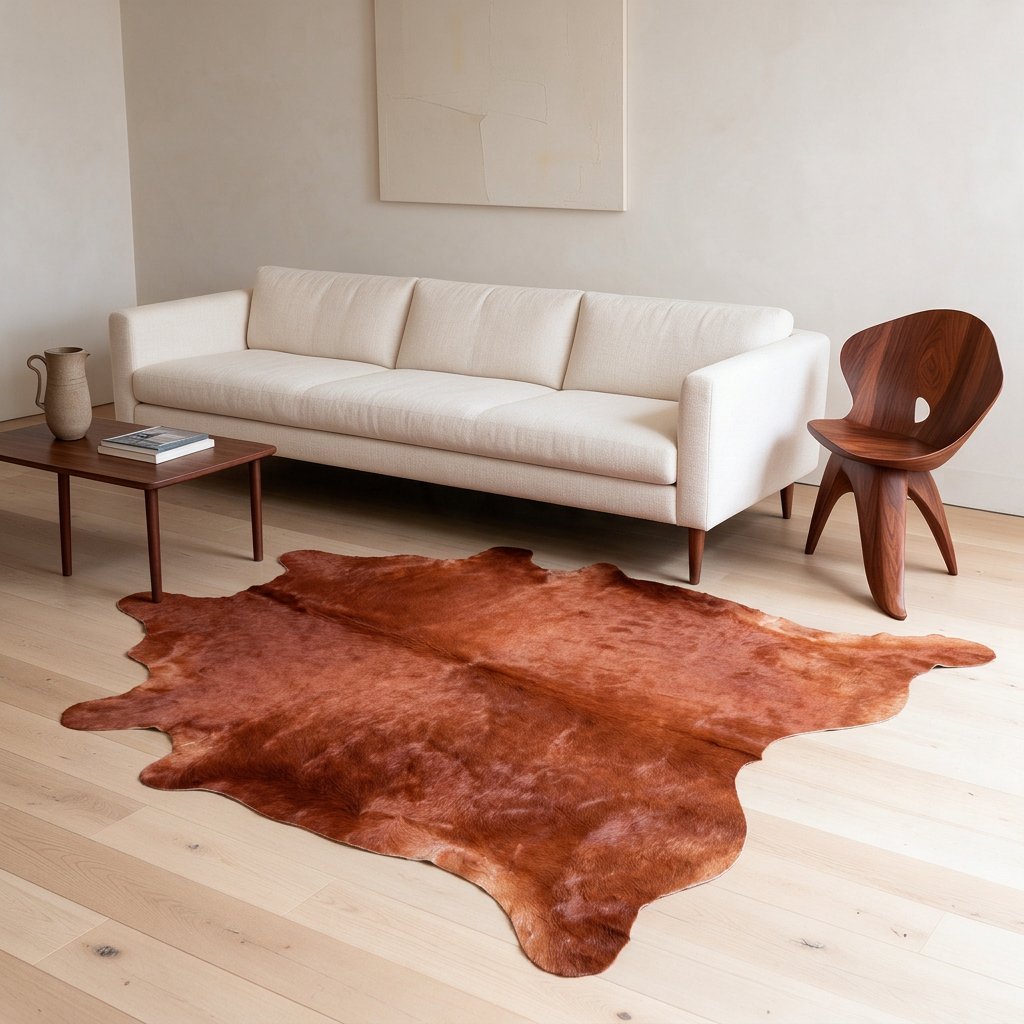 Terracotta cowhide rug styled in a contemporary living room with an ivory sofa and walnut furniture