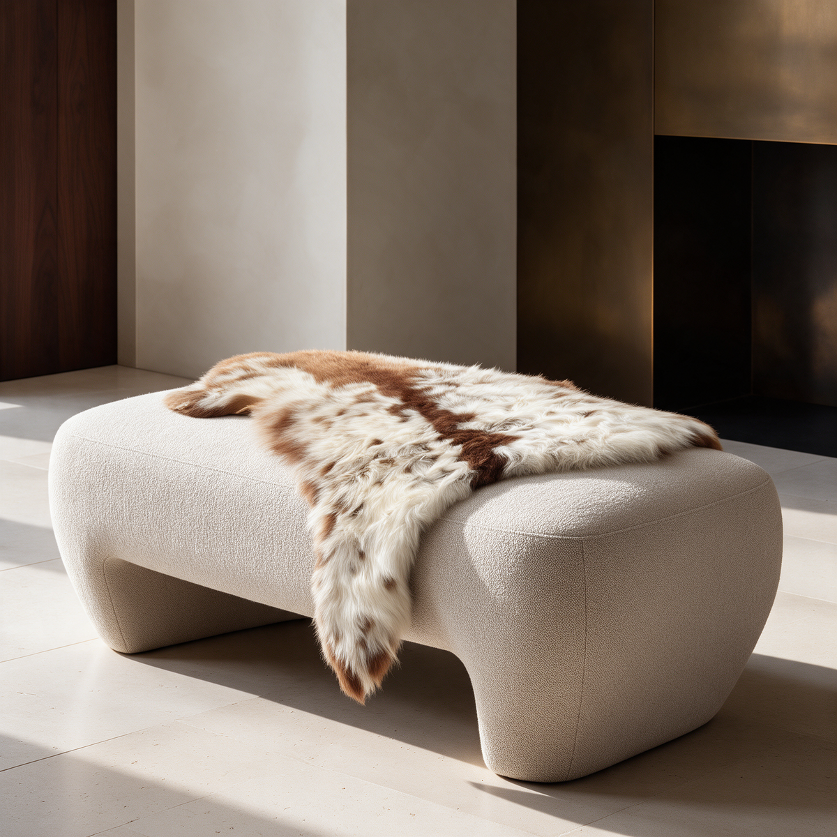 Petite cinnamon and ivory Toscana sheepskin draped over a contemporary upholstered ottoman